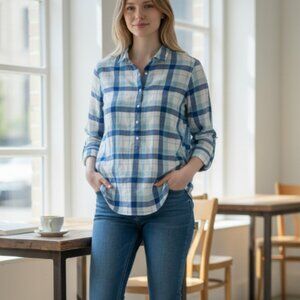 J. Mclaughlin Plaid Button Up Shirt Size Small Blue White 99% Cotton